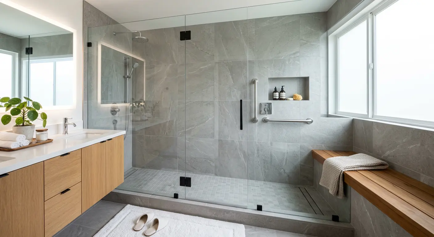 Modern walk-in shower with glass doors